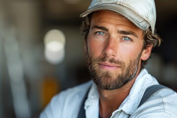 A rugged, handsome man with intense blue eyes, stubble, and cap gives a confident look directly at the camera - obrazy, fototapety, plakaty