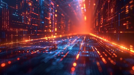 The image portrays a high-speed data stream through a cyber tunnel illuminated by intense red and blue lights, reflecting a digital data transfer. Generative AI