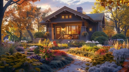 A beautiful house in a garden with colorful flowers in full bloom. The garden showcases a variety...