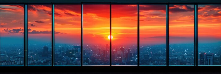 A city skyline is bathed in the warm hues of sunset as viewed through a window