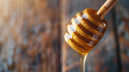 Wooden Honey Dipper Drizzling Honey on Orange Background ,honey extract natural product - obrazy, fototapety, plakaty