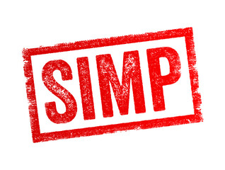 SIMP - slang word is typically used to describe someone, usually a man, who is perceived as being overly submissive, accommodating, or excessively devoted to someone else, text concept stamp