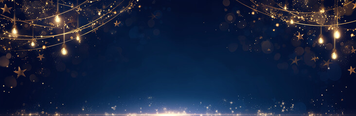 A dark blue background with lights and sparkles in the corners, creating an atmosphere of celebration. The design includes a string or chain of light bulbs hanging down from top to bottom. 