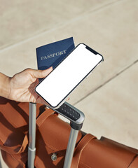mockup cell phone screen, passport and travel suitcase, tourism and vacation