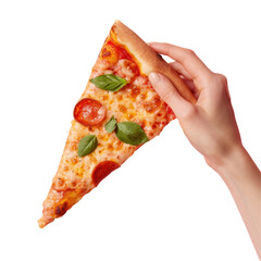 Hand holding pizza slice against transparent background, fast food cuisine