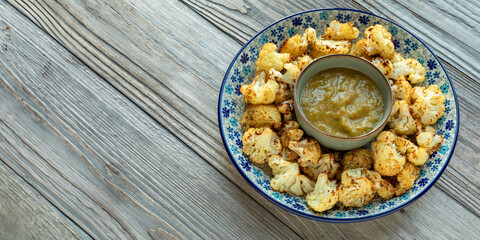 Homemade roasted cauliflower with tomatillo salsa. Rustic wooden board background with copy space. 