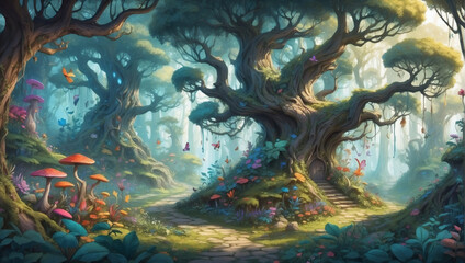 Fototapeta na wymiar Illustration of a whimsical fairytale forest, with twisting branches and colorful foliage inhabited by magical creatures.