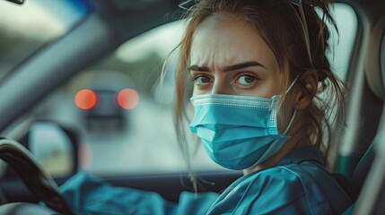 A tired female, nurse with glasses and lab coat drives