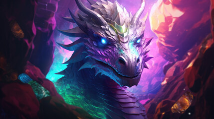 Close-up on a dragon hoarding shimmering cryptocurrency, hidden cave, mystical glow. - obrazy, fototapety, plakaty