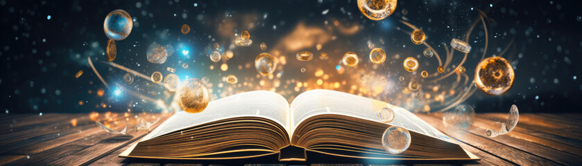 Cryptocurrency coins floating above a magical book, each coin a portal to different realms within the blockchain universe - obrazy, fototapety, plakaty