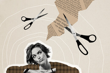 Composite photo collage of young editor girl think new article novel failure text cut scissors writer news isolated on painted background