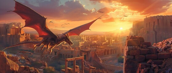 Dragon soaring over ancient ruins, sunset glow, birdseye perspective, epic fantasy sketch , high resolution DSLR