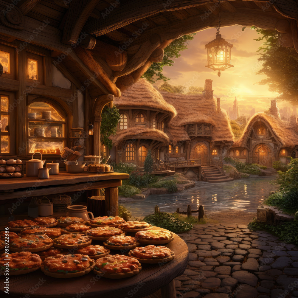 Wall mural a hobbit's bakery, close-up on enchanted pastries flying off shelves, cozy village background, 7:2