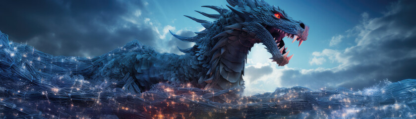 A dragon made of network cables and cloud data protecting a castle of servers, illustrating the security in cloud technology