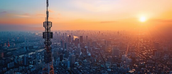 5G tower over city at sunrise, warm colors, birdseye view, highres photo , professional color grading