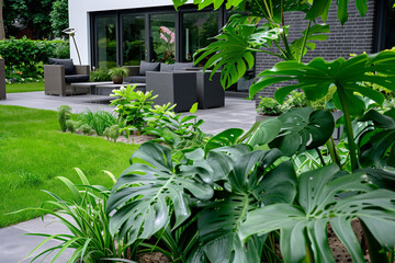 Peaceful garden corner with pebble detail and lush plants Garden with monstera