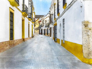 watercolor streets of utrera, andalucia - obrazy, fototapety, plakaty