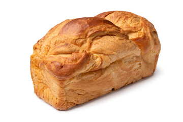 Fresh baked loaf of croissant bread isolated on white background close up