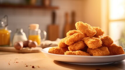 A heaping plate of golden chicken nuggets on a kitchen table with breakfast items in the background.