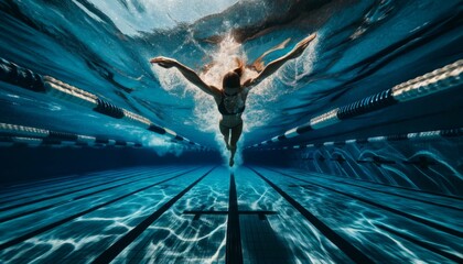 Swimmer diving in a sunlit pool from below - A powerful image capturing the grace and athleticism of a swimmer diving into the crystalline waters of a pool - obrazy, fototapety, plakaty