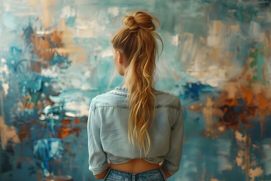 Young female painter with messy brush strokes on jeans facing wall. Concept Artistic Photography, Messy Brush Strokes, Female Painter, Creative Portrait, Wall Background