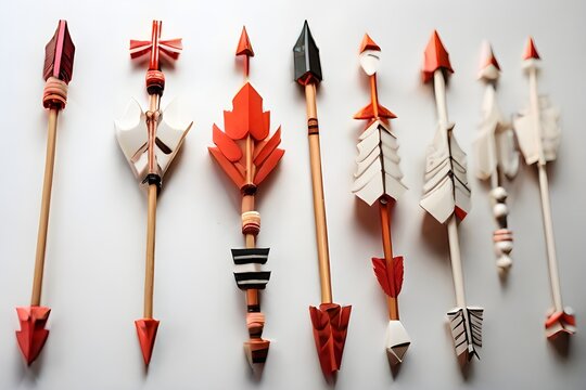 A collection of eight handcrafted arrows, some orange and some white, are arranged against a white background. They vary in size and design, with some having wooden tips and,darts on wooden background