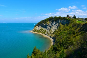 View of the Moon bay in Strunjan nature reserve at the coast of the Adriatic sea in Littoral region...