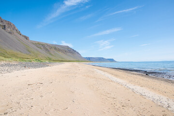 The sand beach of Bardastrond in Breidafjordur in Iceland