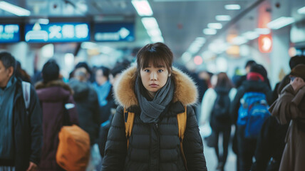 A focused young woman with a fur-trimmed hooded coat stands amidst a bustling train station crowd, looking directly at the camera