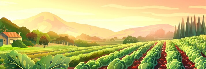 The illustration captures the golden warmth of harvest season in a vegetable field, perfect for agricultural themes or food industry imagery. - obrazy, fototapety, plakaty