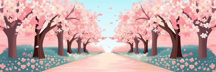 An enchanting pathway lined with blooming cherry blossoms at dawn, depicting renewal and the beauty of spring. - obrazy, fototapety, plakaty