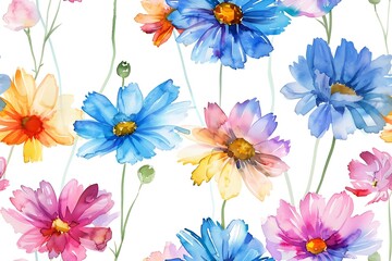 Watercolors of daisy flowers, seamless pattern tile.