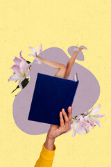 Composite vertical collage image of hand hold book mini legs stick lily flower isolated on creative...