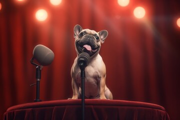 Cute dog singing with a microphone on stage background.