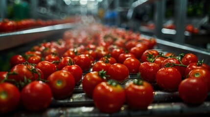 Fresh, ripe tomatoes on factory conveyor belt food industry. Agricultural business and food industry concept - obrazy, fototapety, plakaty
