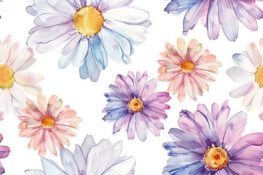 Watercolors of daisy flowers, seamless pattern tile.