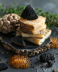 Show the beauty of fine ingredients like truffles caviar and aged cheeses in a tasteful composition