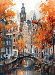 Romantic watercolor illustration of autumn streets, beautiful architecture and canals of Amsterdam