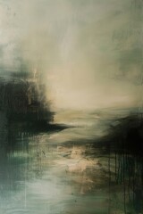 abstraktes Gemälde einer skandinavischen Landschaft mit Meer und Strand, dramatische Stimmung mit Wolken, Regen und Gewitter, Hintergrund für Krimi oder Thriller