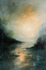 abstraktes Gemälde einer skandinavischen Landschaft mit Meer und Strand, dramatische Stimmung mit Wolken, Regen und Gewitter, Hintergrund für Krimi oder Thriller - obrazy, fototapety, plakaty