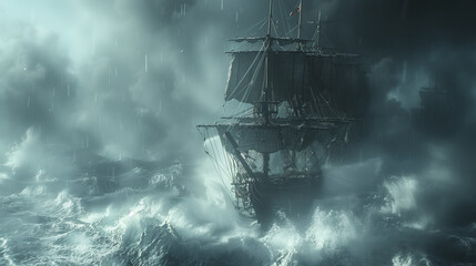 Majestic Sailing Pirate Ships Races Against the Roaring Stormy Seas During Twilight