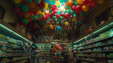a supermarket completely full from floor to ceiling of colorful balloons - obrazy, fototapety, plakaty