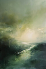 abstraktes Gemälde einer skandinavischen Landschaft mit Meer und Strand, dramatische Stimmung mit Wolken, Regen und Gewitter, Hintergrund für Krimi oder Thriller