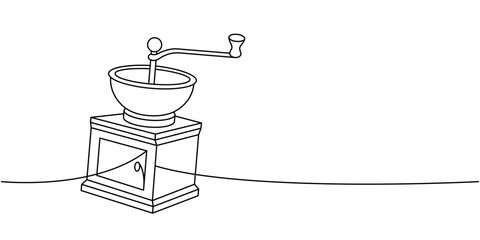 Coffee grinder one line continuous drawing. Hand drawn elements for cafe menu, coffee shop. Vector linear illustration. - 780726113