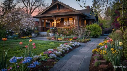Fototapeta premium An illuminated craftsman home sits at the end of a stone path surrounded by a vibrant spring garden during golden hour for luxury property advertisements.