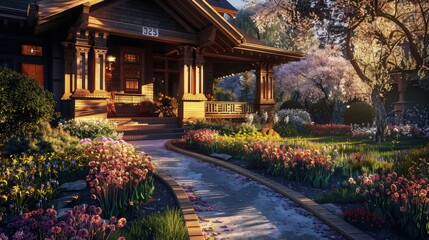 Fototapeta premium A craftsman style bungalow home features a stone pathway winding through a flower garden under the warm glow of sunset for residential real estate marketing.