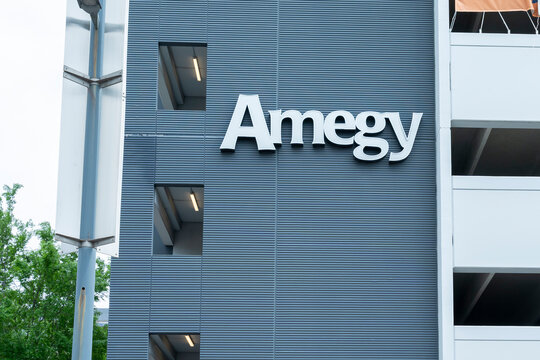Houston, Texas, USA - April 6, 2024: Amegy Bank sign on the building is seen. Houston, Texas, USA. Amegy Bank of Texas is a US bank.

