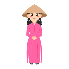 Vietnamese tradition womens cartoon. Beautiful vietnamese woman. Dress vietnamese woman. Digital art illustration. 