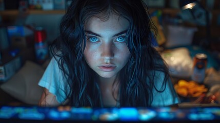 A girl intently focuses on screen - obrazy, fototapety, plakaty