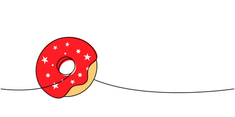 Donut with icing one line colored continuous drawing. Bakery sweet pastry food. Vector linear illustration. - 780727131